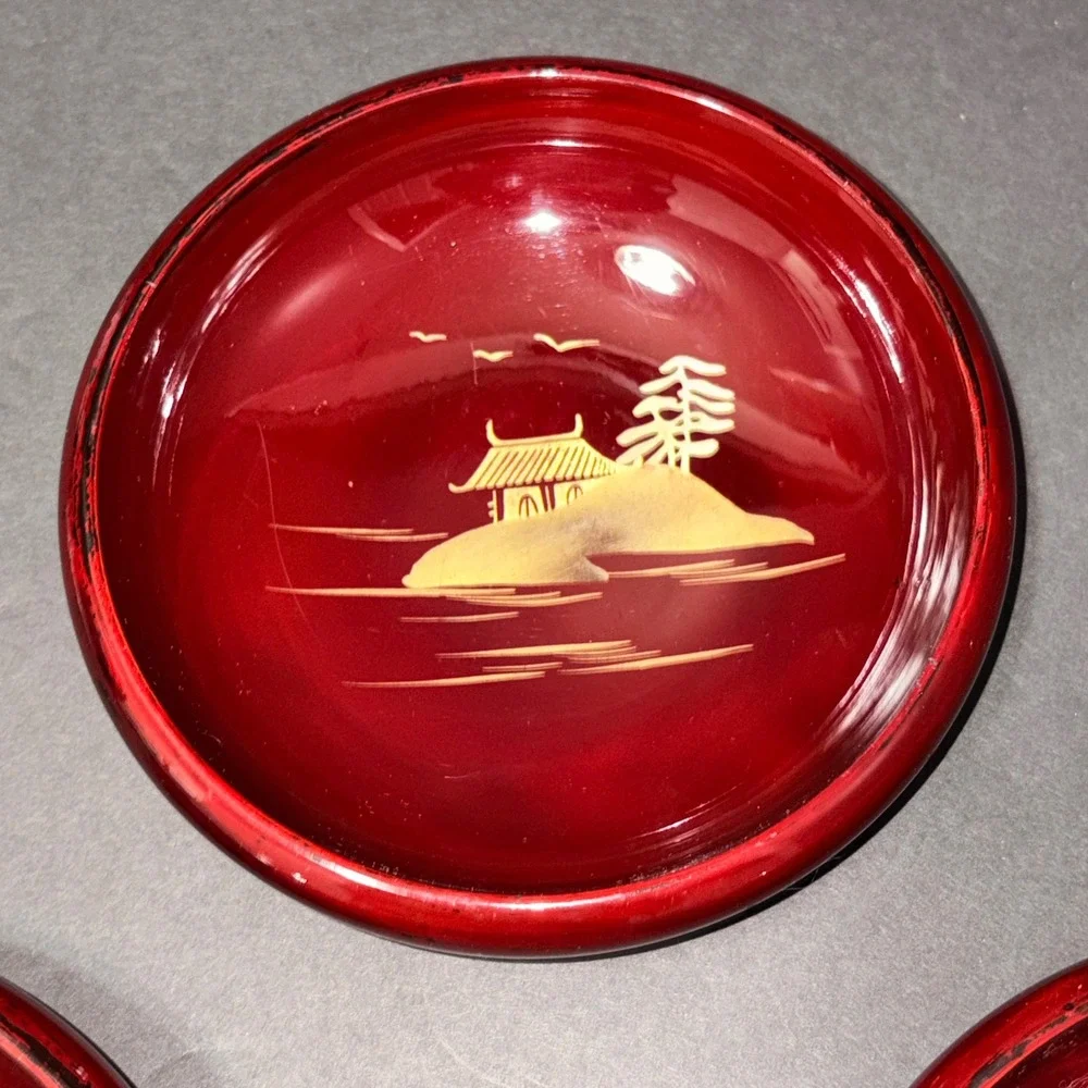 3 Vtg Japanese Lacquerware Salad Bowls Cinnabar Red Gold Chinoiserie Landscape